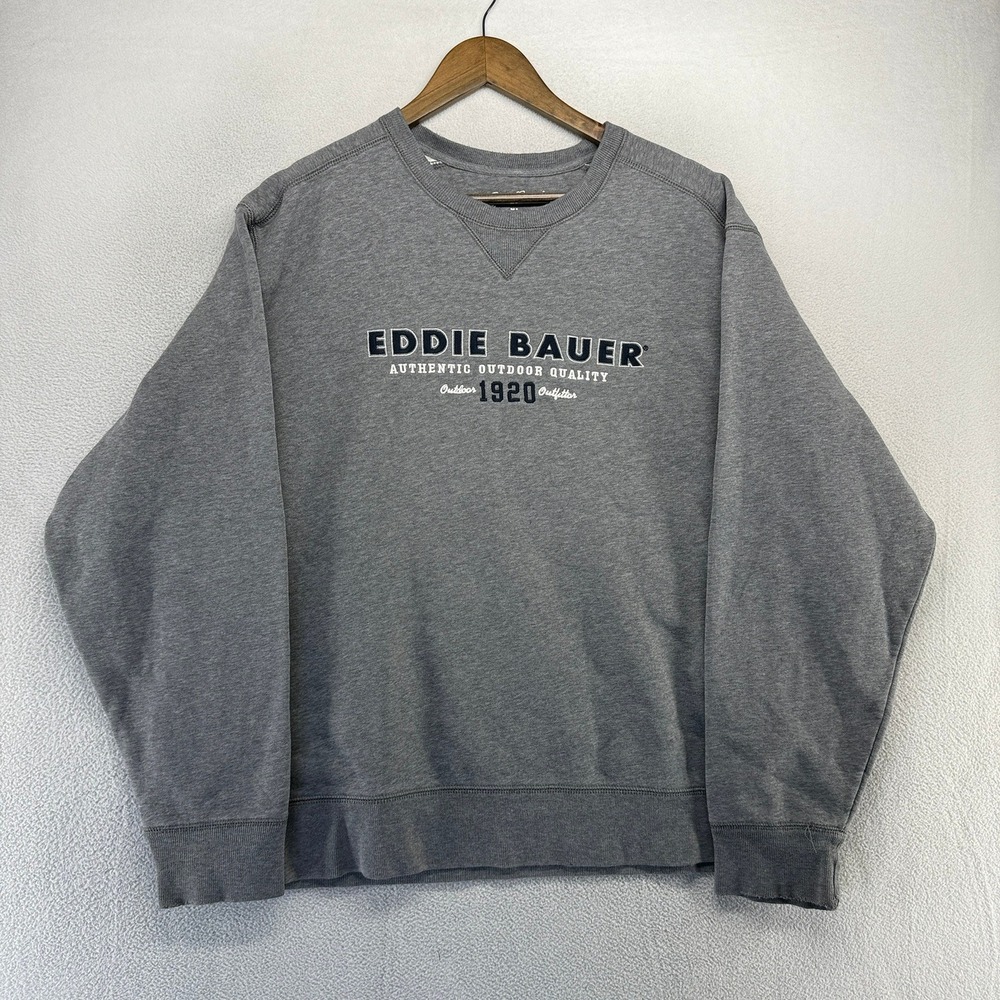 Eddie Bauer Sweatshirt Mens XL Grey Embroidered Spellout Crewneck Distressed y2k